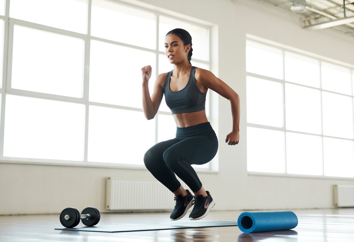 A young woman doing jumping jacks in a bright gym with natural light and gym equipment around her.