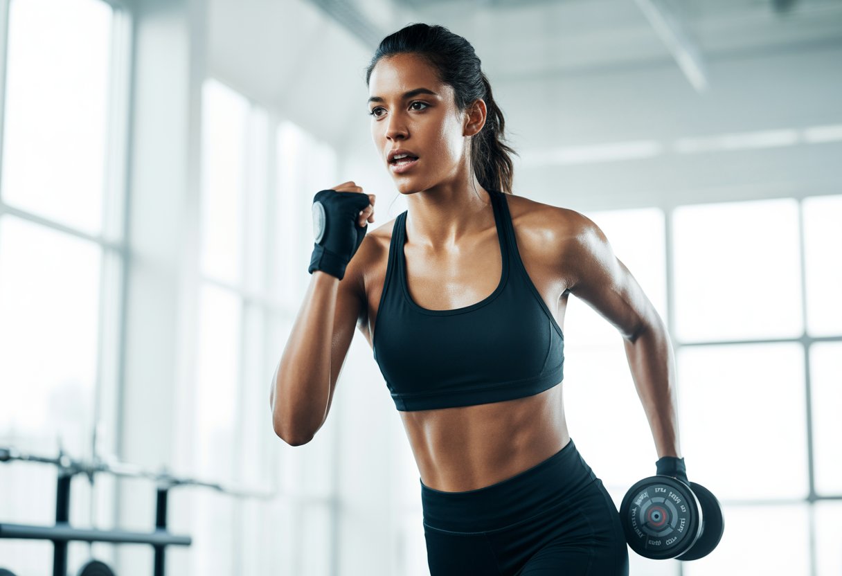 A young woman exercising intensely in a modern gym with gym equipment and natural light.