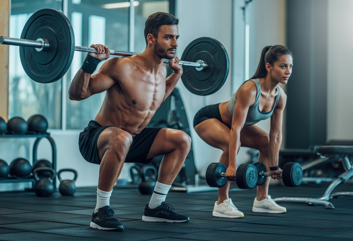 A man and a woman doing strength training exercises with weights in a gym.