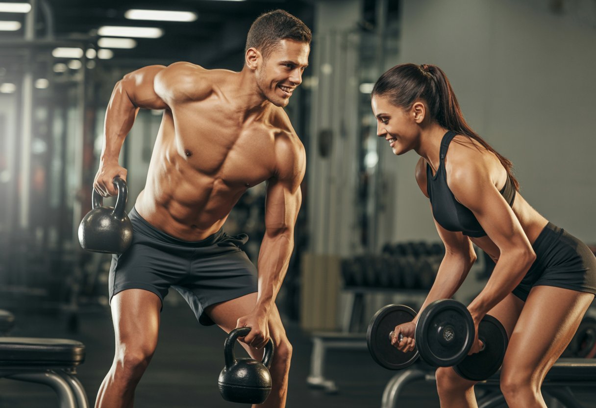 A fit man and woman performing strength exercises in a gym with weights and equipment around them.