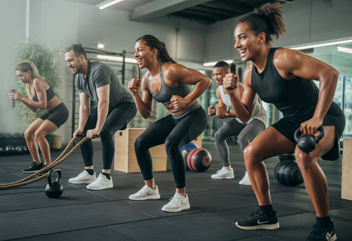 A group of people performing various high-intensity exercises in a gym, including kettlebell swings, jump rope, and battle ropes.