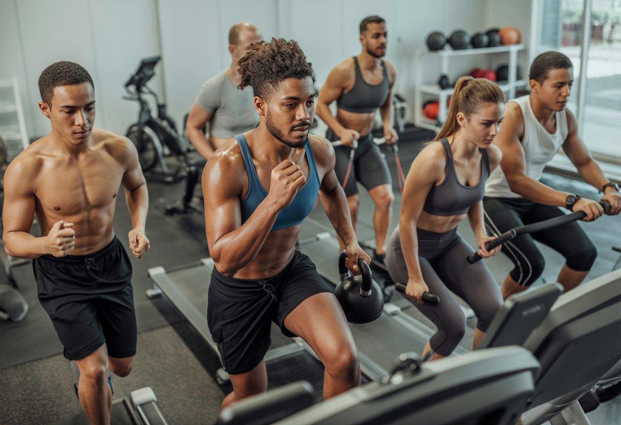 A group of people exercising with gym equipment, including treadmills, jump ropes, and kettlebells, in a bright gym.