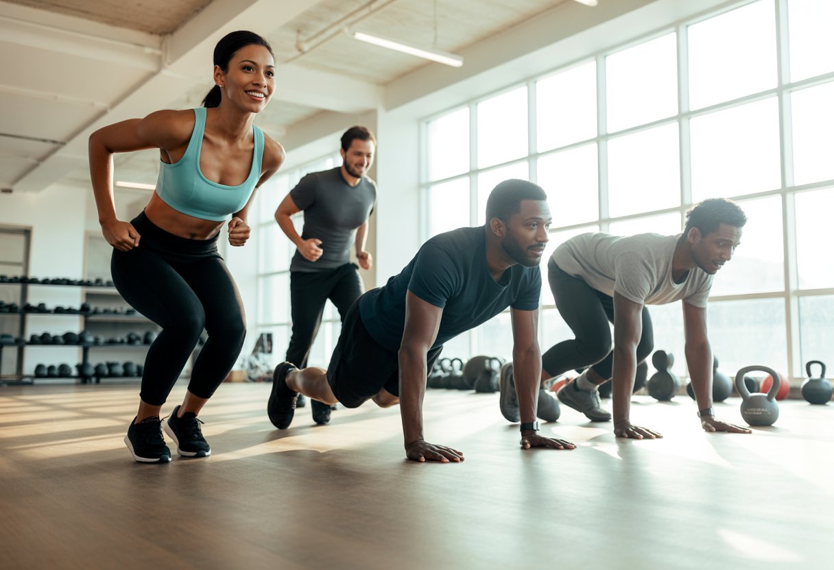 A group of adults exercising together in a bright gym, performing quick workout moves like jumping jacks and push-ups.