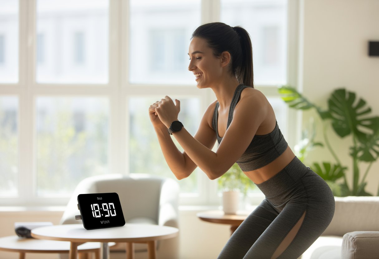 A young woman exercising in a bright living room, doing a short workout with a digital timer visible nearby.