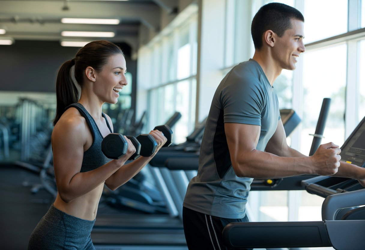 Two people exercising side by side in a gym, one doing a short dumbbell workout and the other running on a treadmill.