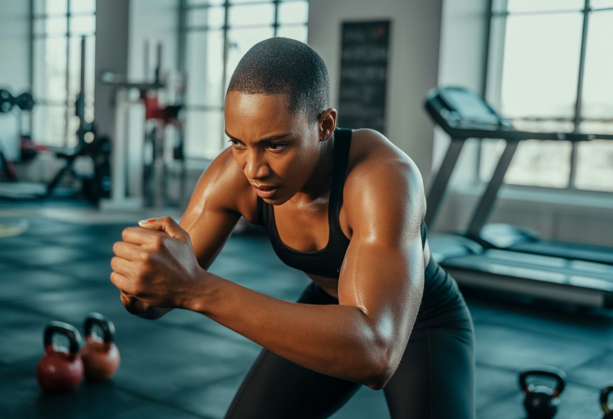 A person working out intensely in a bright gym, showing determination and effort during exercise.