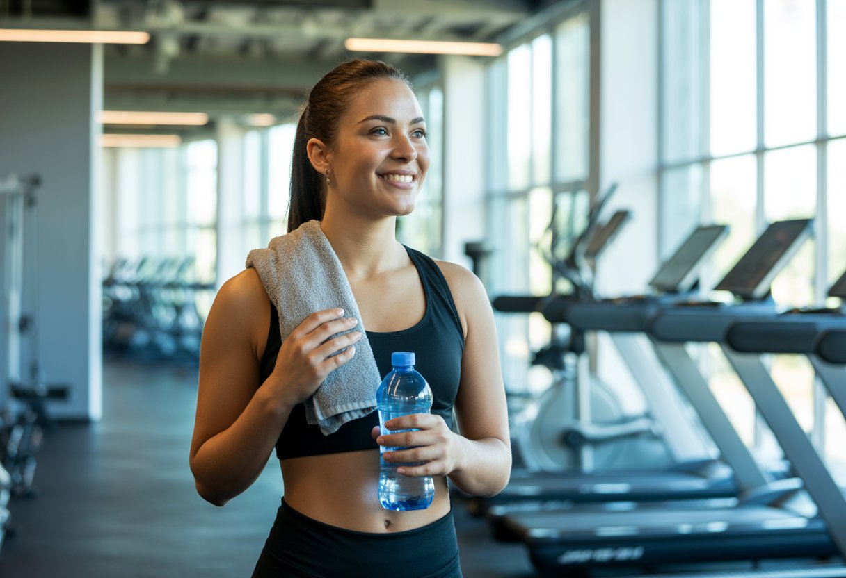 A young woman in athletic clothes smiling inside a gym with exercise equipment in the background.
