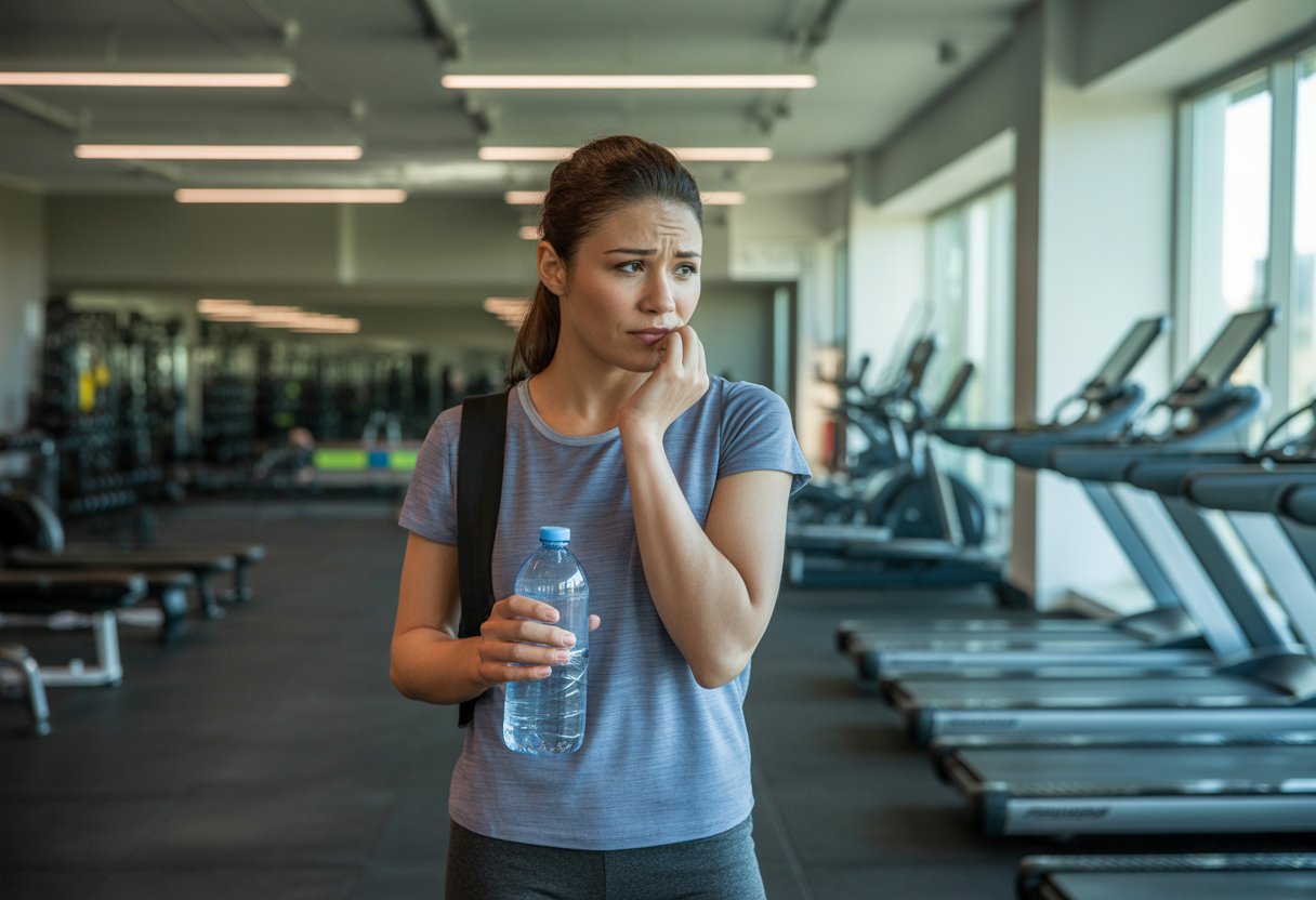 A young woman hesitates at the entrance of a gym, looking thoughtful and slightly anxious, with exercise equipment visible inside.