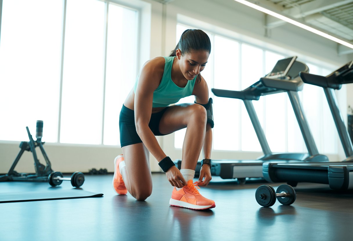 A young adult in workout clothes tying their running shoes in a bright gym with exercise equipment around them.