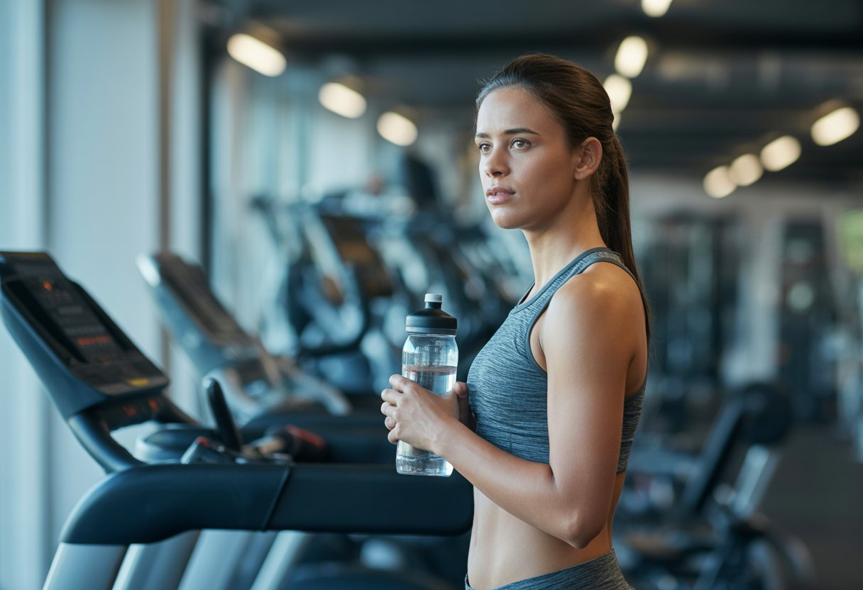 A young adult in workout clothes holding a water bottle, standing thoughtfully in a gym with exercise equipment in the background.