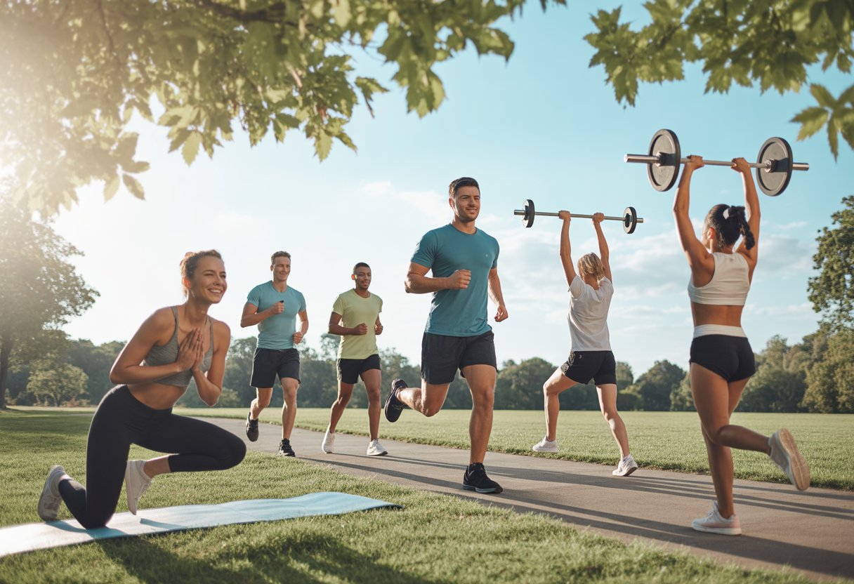 A diverse group of people exercising outdoors in a sunny park, including a woman doing yoga, a man running, and another person lifting weights.
