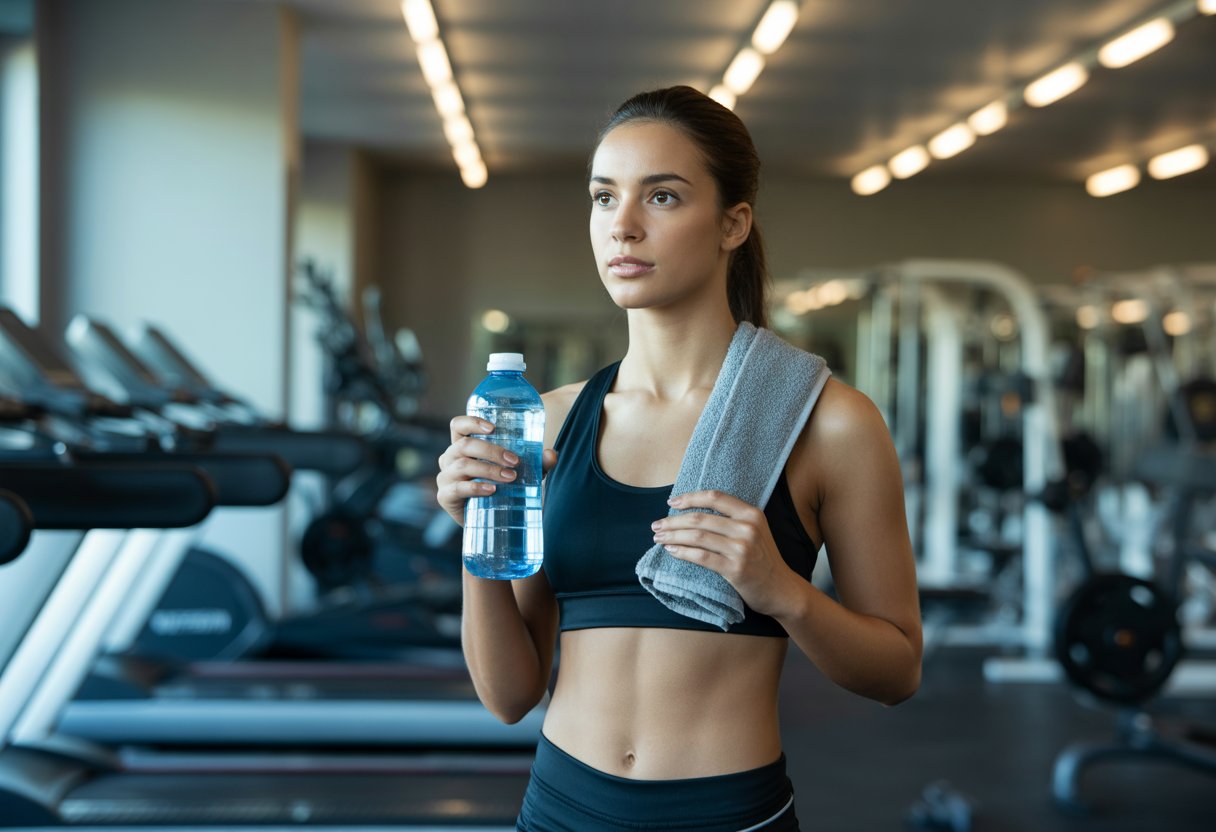 A young woman in athletic clothing stands confidently in a gym holding a water bottle and towel, surrounded by exercise equipment.