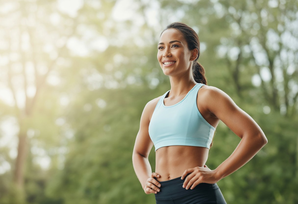 A fit woman in athletic clothing standing outdoors in a sunlit natural environment, smiling confidently.
