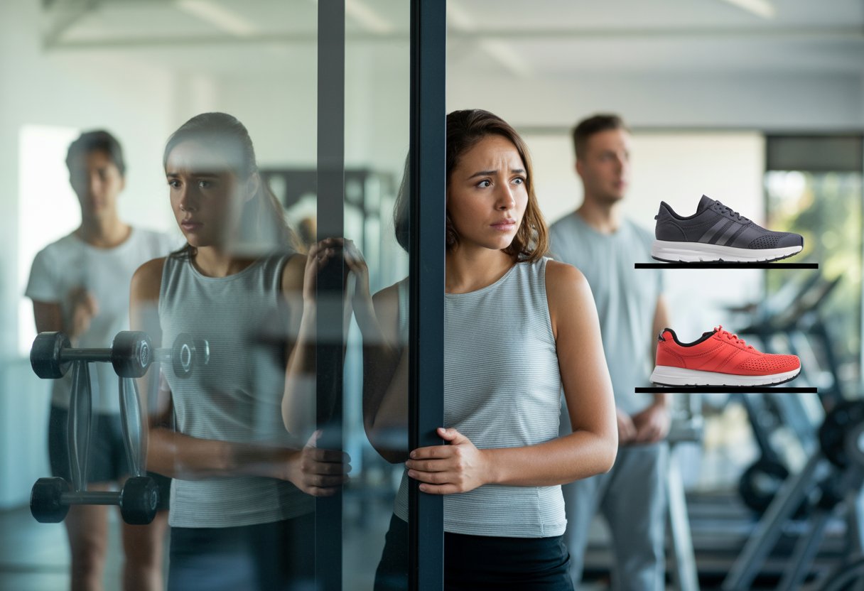 A young woman hesitates at the entrance of a gym, surrounded by exercise equipment and symbolic physical obstacles.