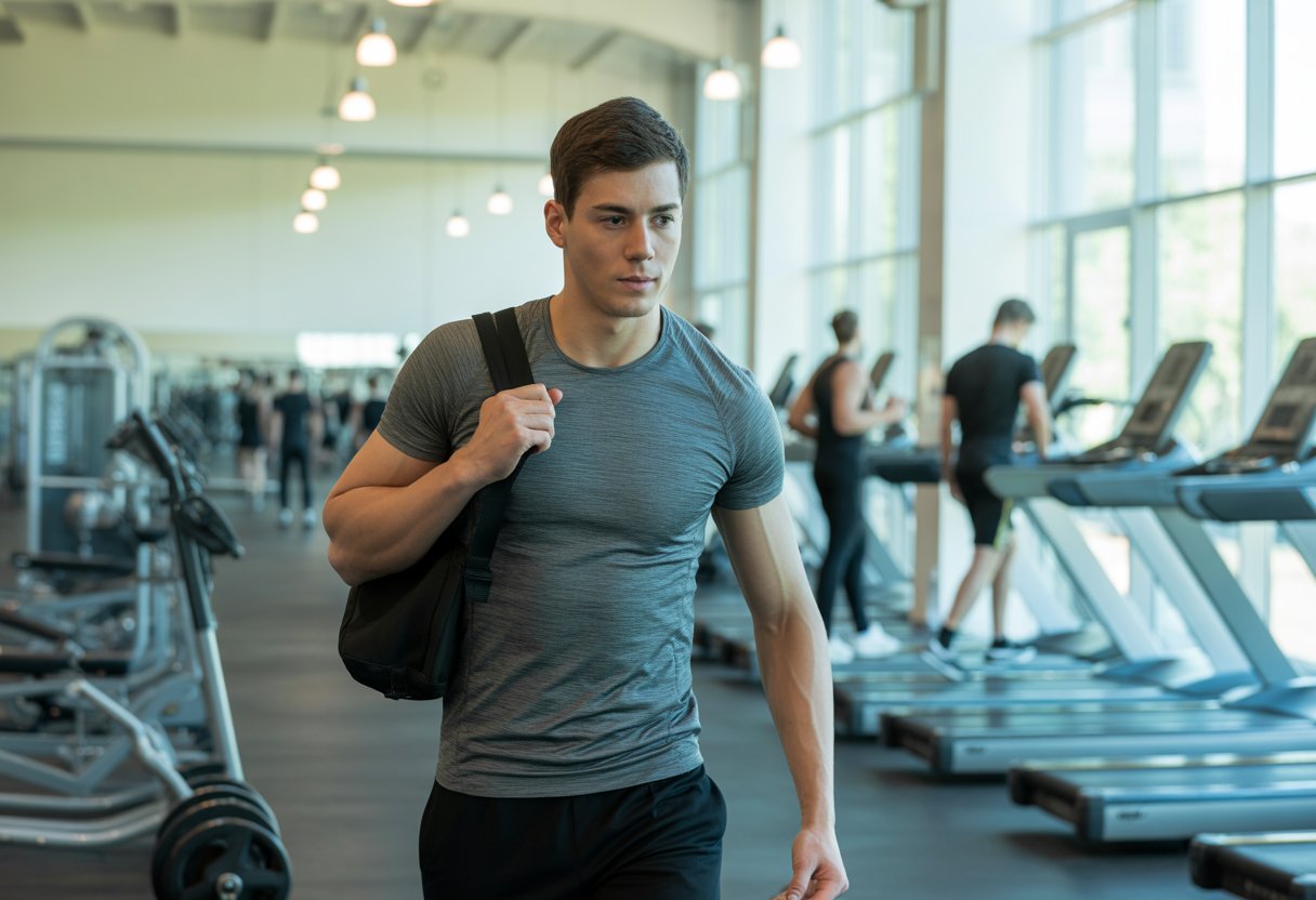 A young man in athletic clothes entering a bright gym carrying a gym bag.