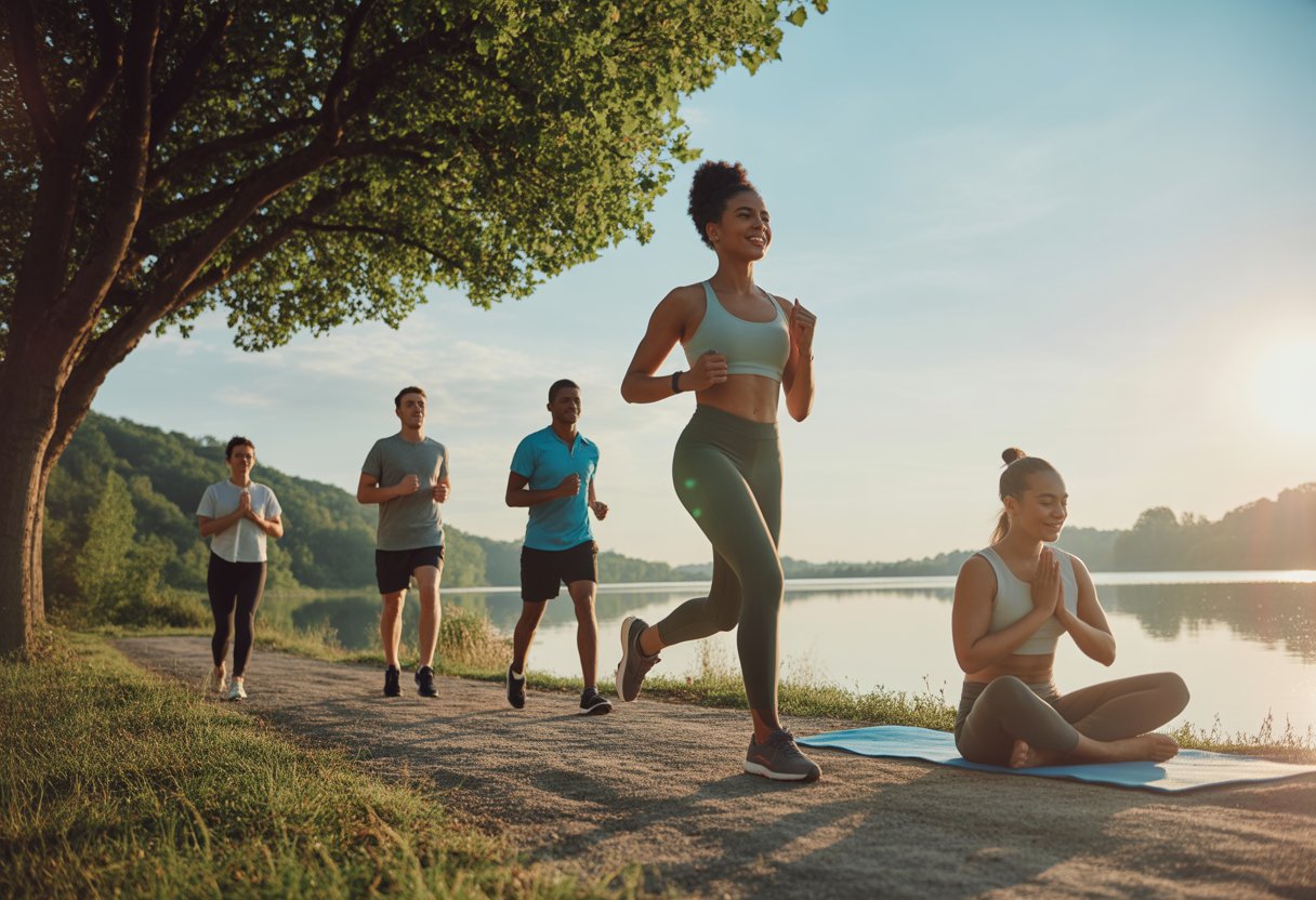 People jogging, practicing yoga, and meditating outdoors in a peaceful natural setting with trees, water, and sunlight.