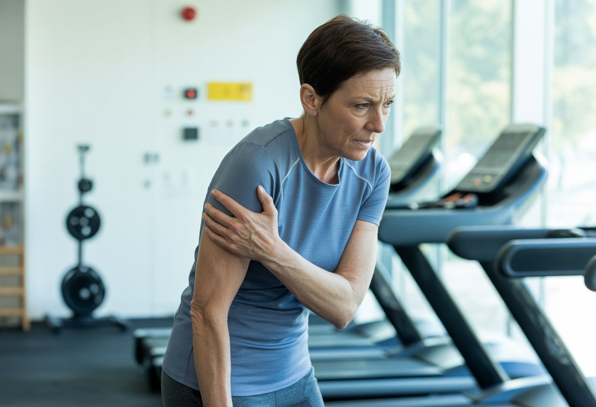A person hesitating to start exercising in a gym, showing concern about injury and safety.