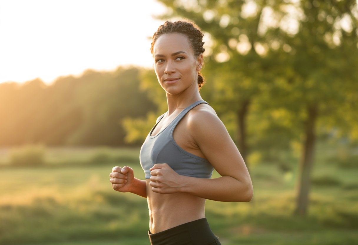 A confident person standing outdoors in athletic clothing with sunlight filtering through trees in the background.