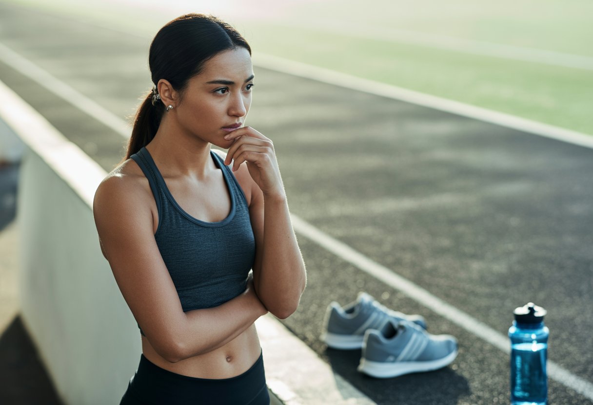 A young woman in workout clothes stands thoughtfully at a gym entrance, preparing to exercise.