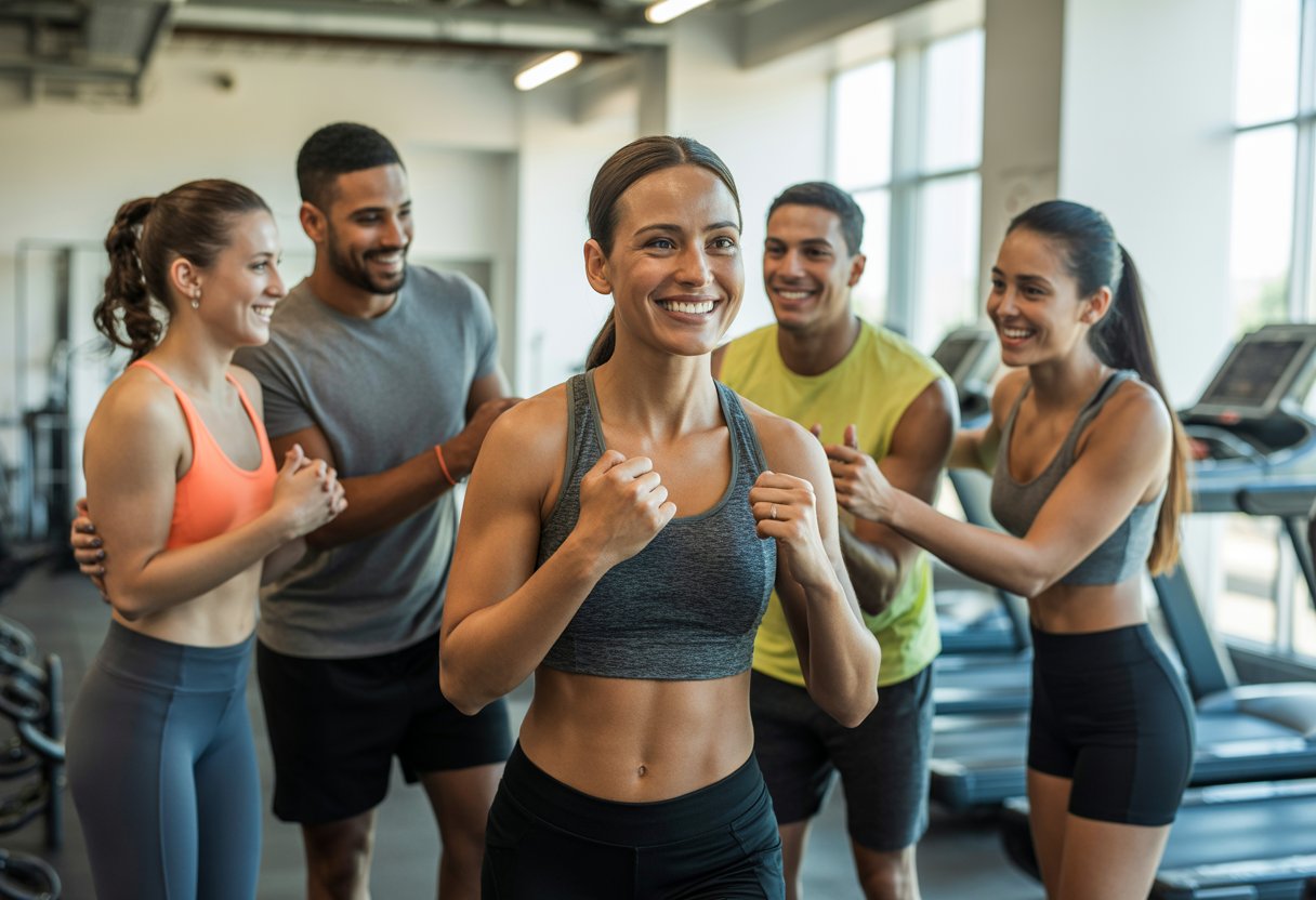 A person finishing a workout in a bright gym surrounded by smiling friends and gym equipment.