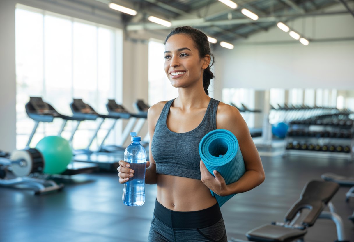 A fit woman standing confidently in a bright gym holding a water bottle and yoga mat, surrounded by workout equipment.