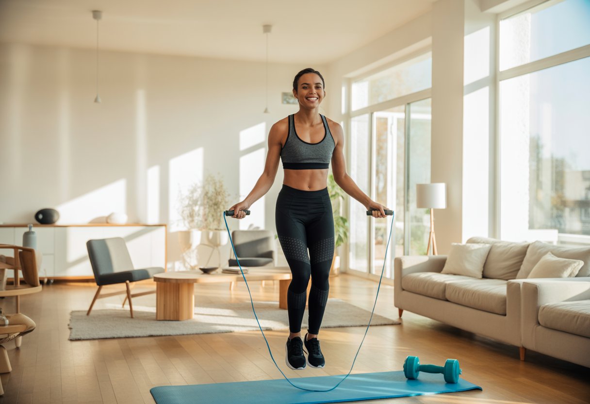 A person skipping rope in a bright living room with workout equipment nearby.