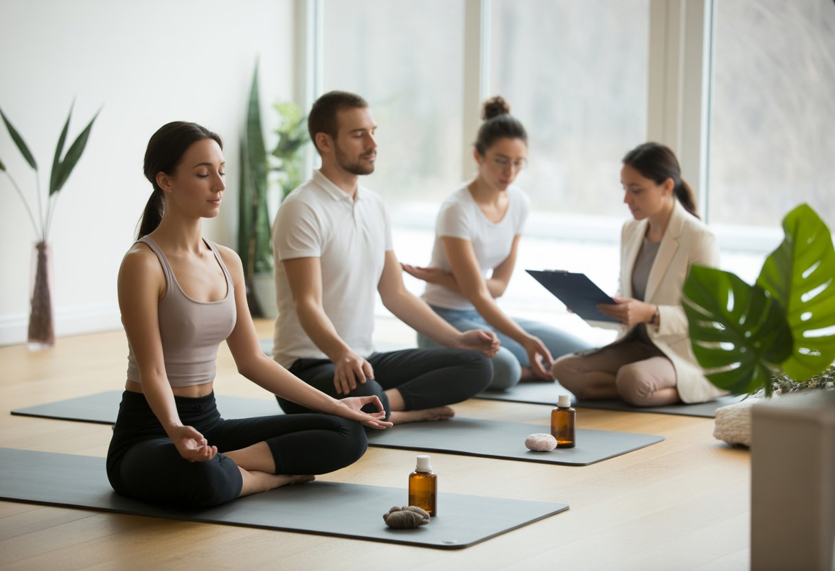 A group of people practicing meditation, receiving acupuncture, and consulting with a health practitioner in a bright wellness center.