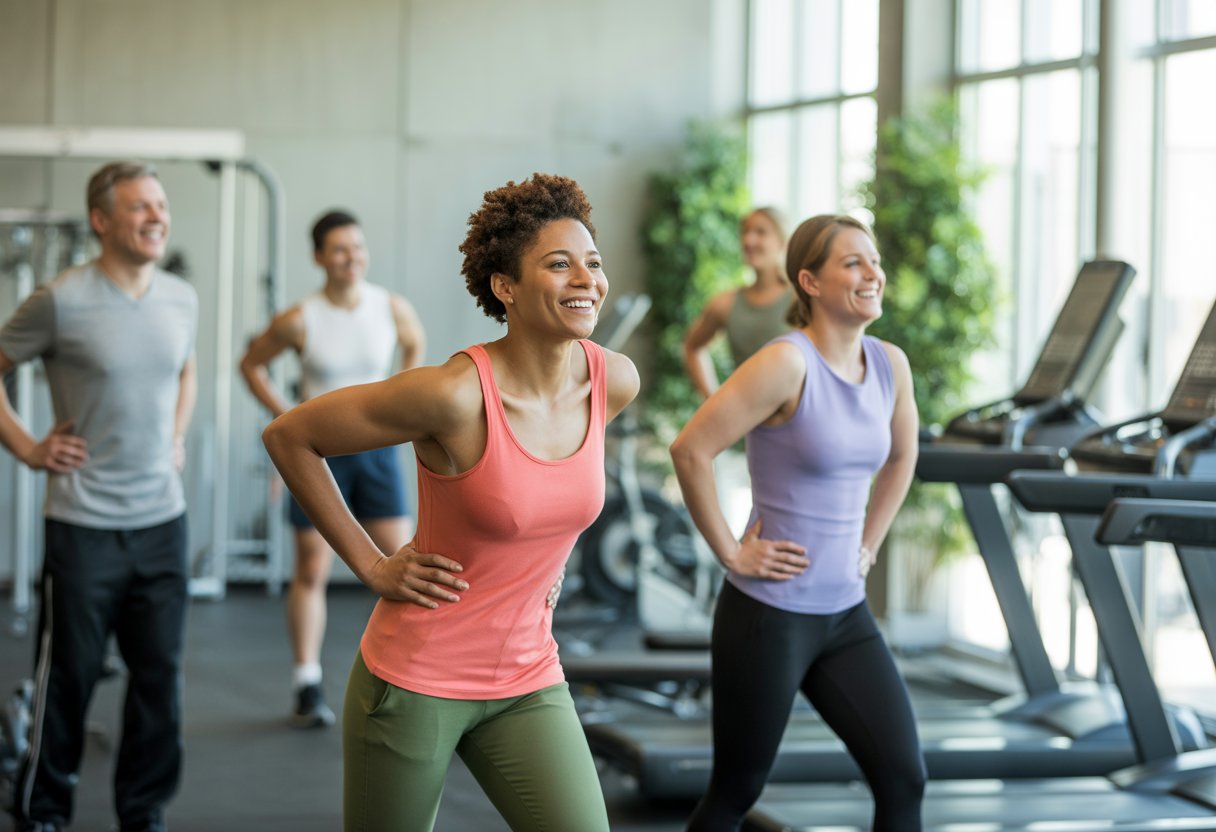 A diverse group of adults exercising in a bright gym, showing determination and cautious optimism.