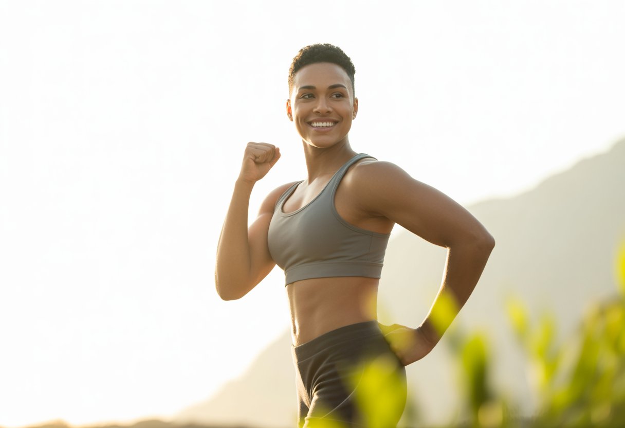 A fit person outdoors smiling confidently with a bright sky and greenery in the background, symbolizing health and personal transformation.