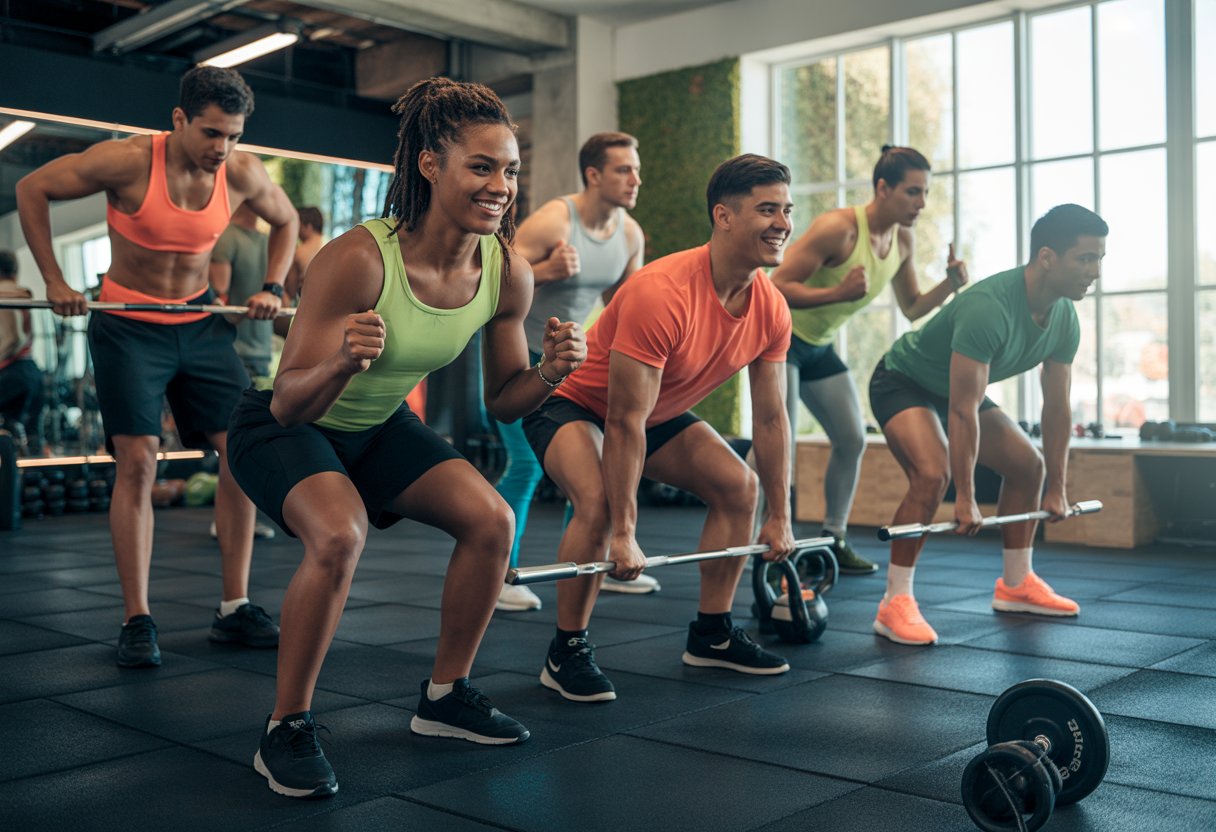 A group of diverse people exercising together in a bright gym using various workout equipment.