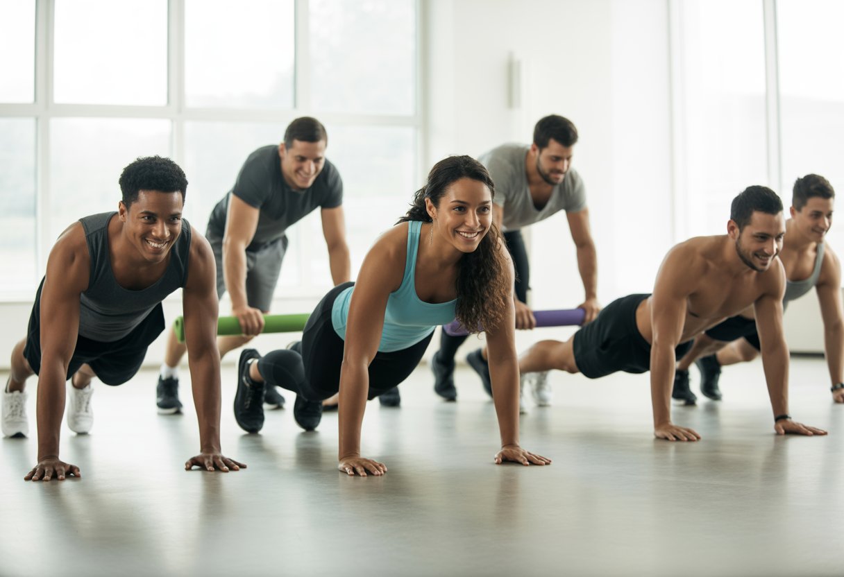 A group of people exercising with bodyweight and minimal equipment in a bright gym.
