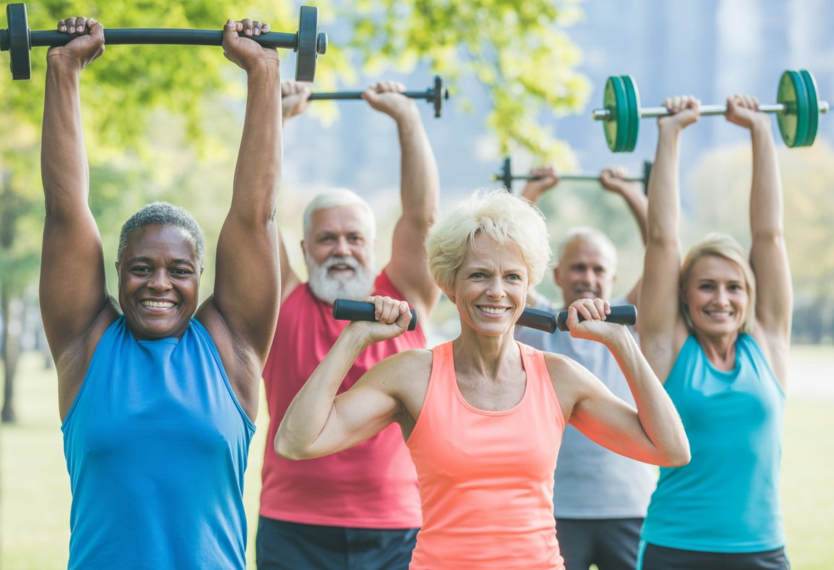 A diverse group of people of different ages and body sizes exercising together outdoors in a sunny park.