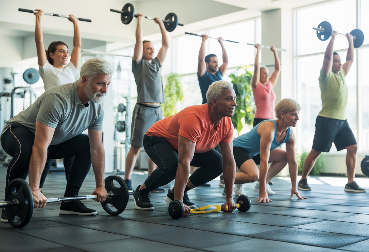 A diverse group of adults exercising with weights and resistance bands in a bright gym.