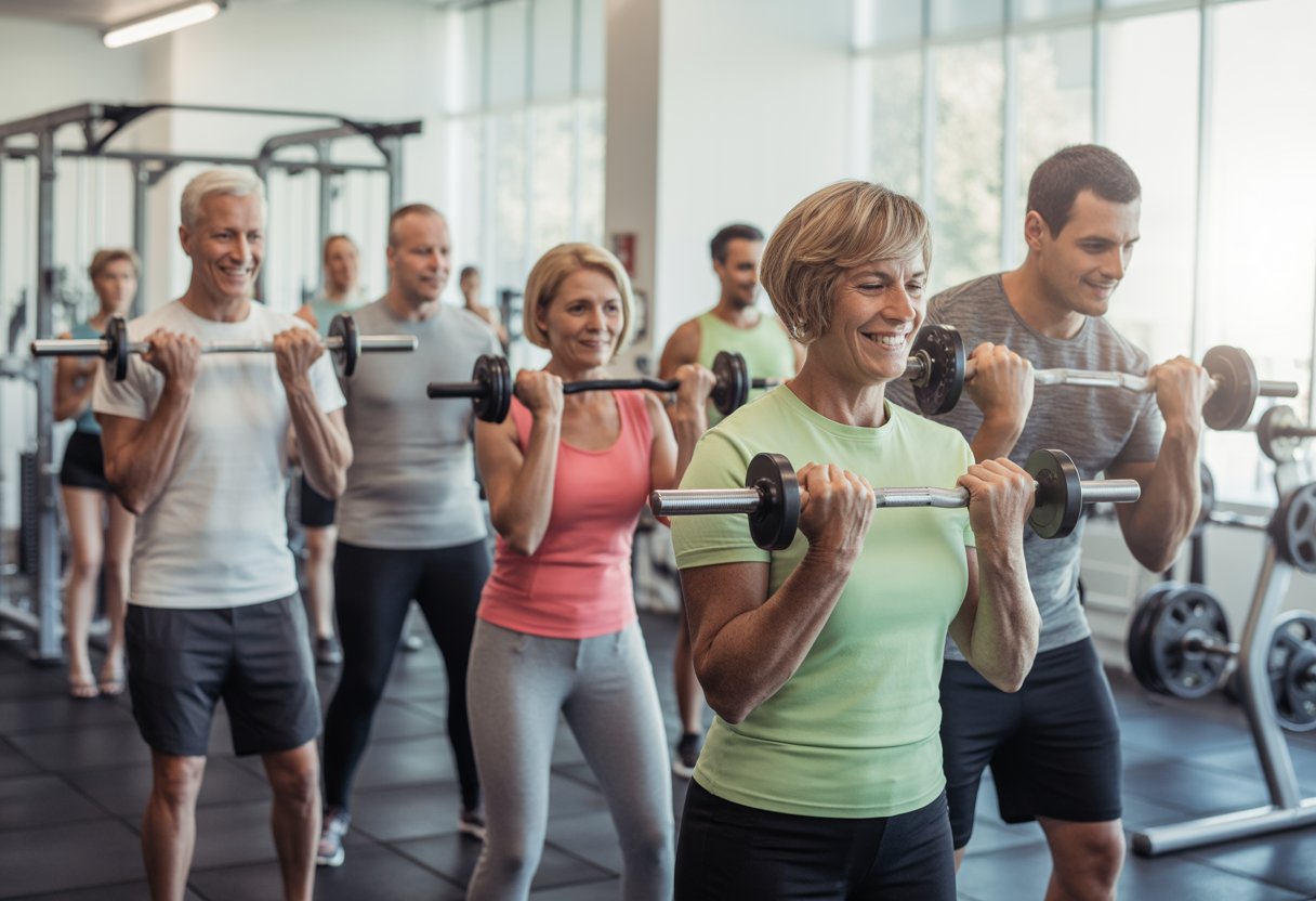 A diverse group of adults exercising with weights and resistance machines in a bright gym.