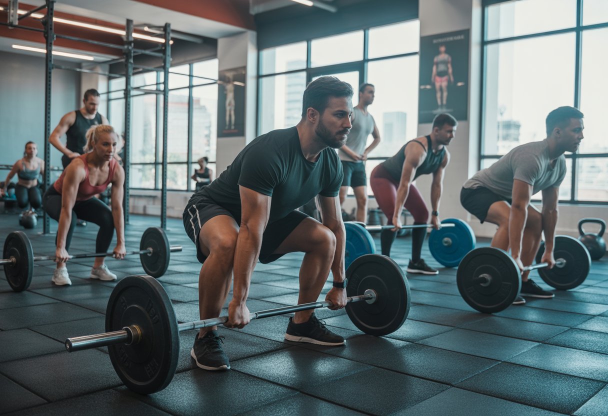 A group of adults exercising with barbells and kettlebells in a bright gym, performing compound strength training movements.