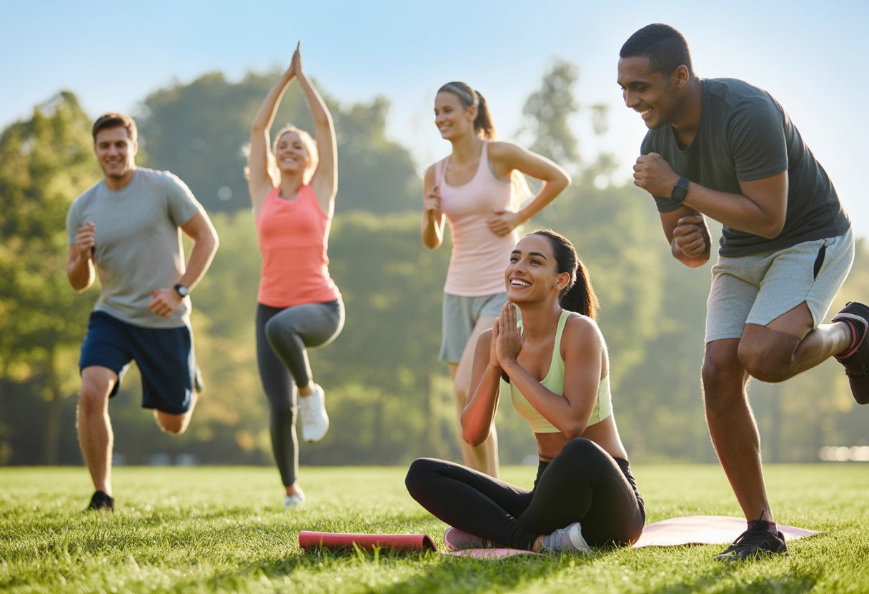 People exercising outdoors in a sunny park during the morning, doing yoga, jogging, jumping jacks, and warm-up stretches.
