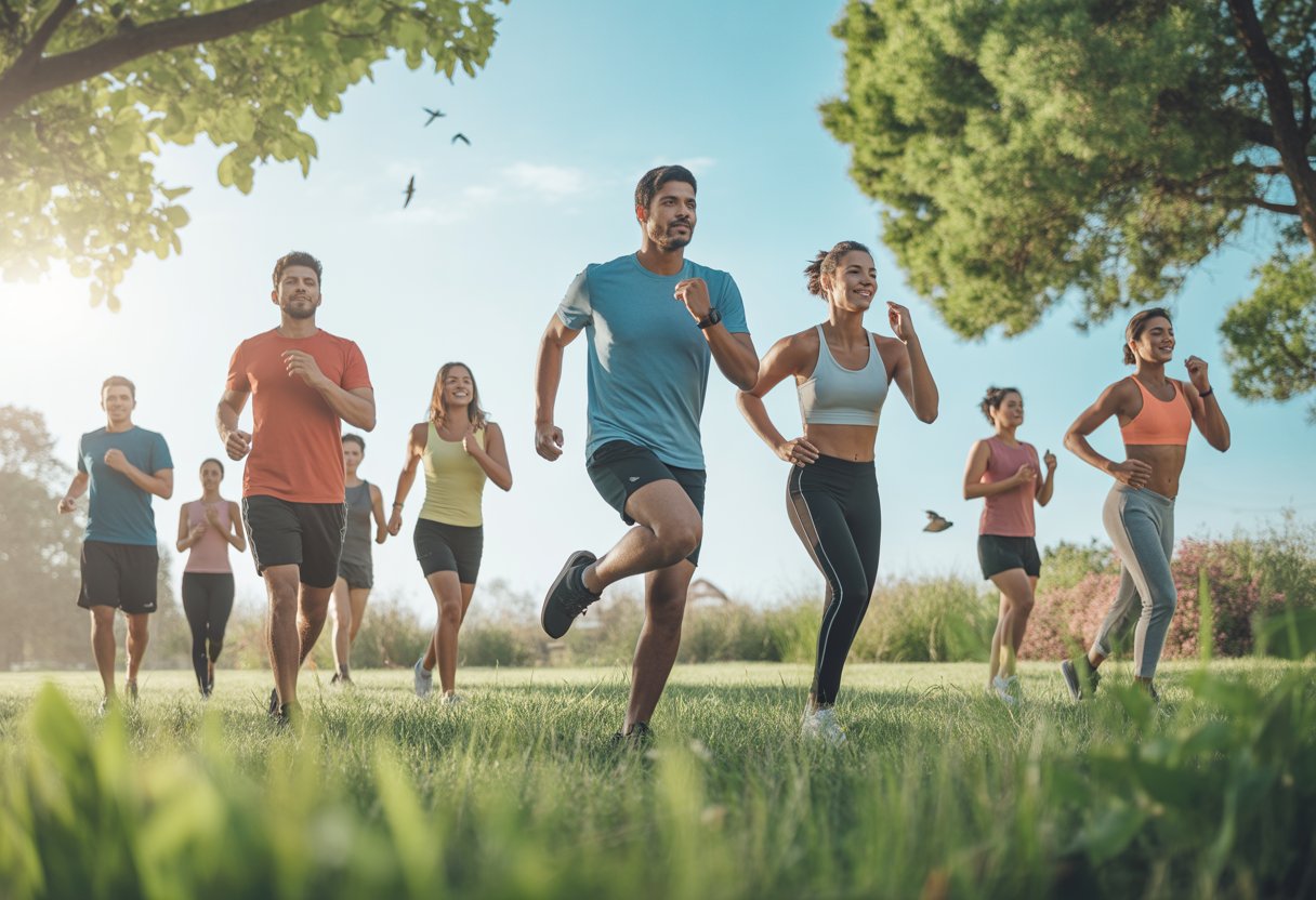 A group of people exercising outdoors in a sunny park, performing stretches and aerobic movements in the morning.