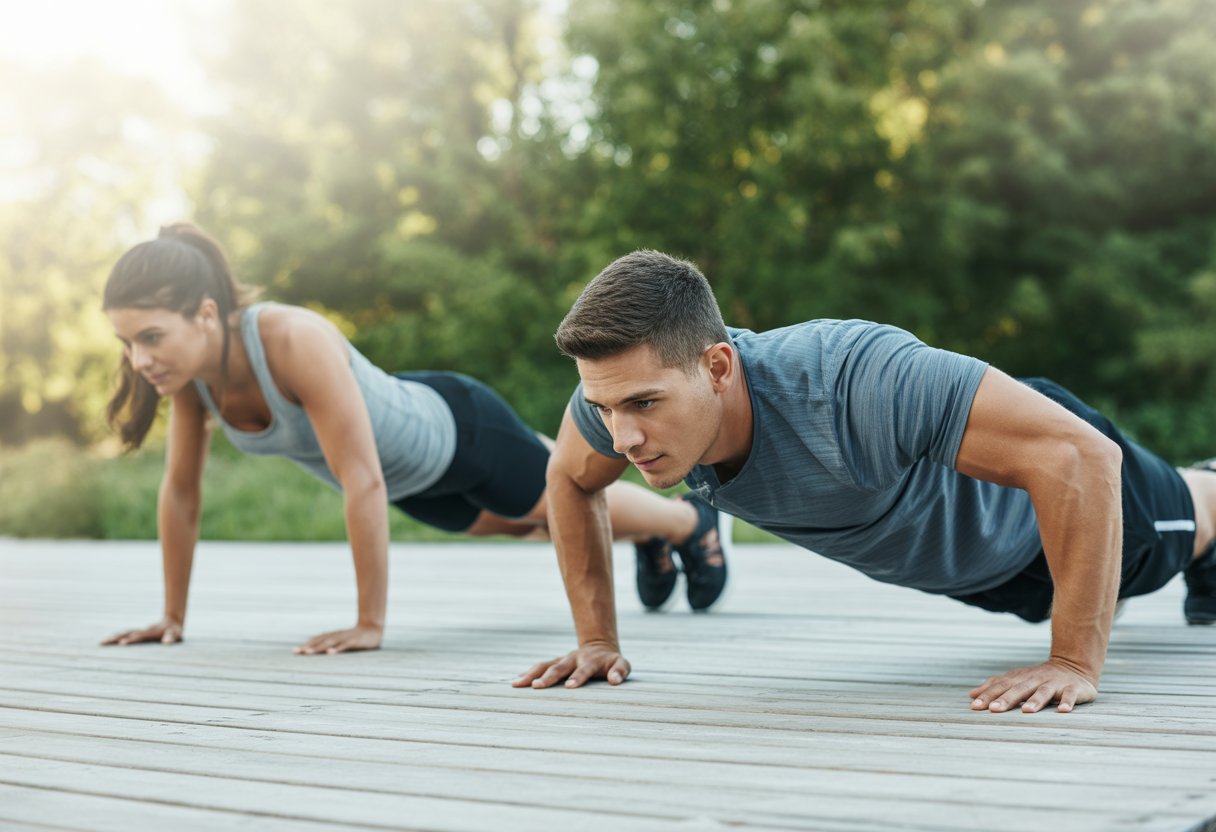 A man doing a push-up and a woman holding a plank outdoors on a wooden deck surrounded by greenery.