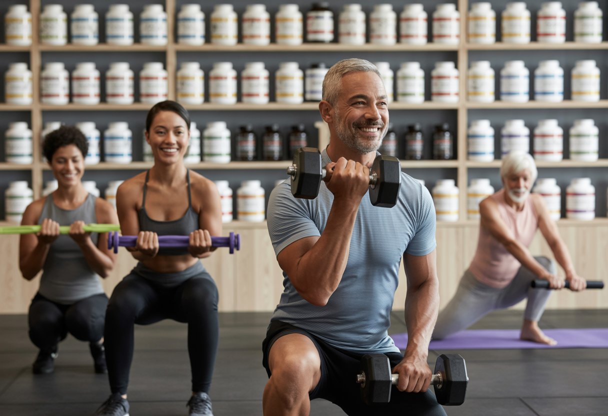 A diverse group of adults exercising in a gym with supplement bottles displayed in the background.