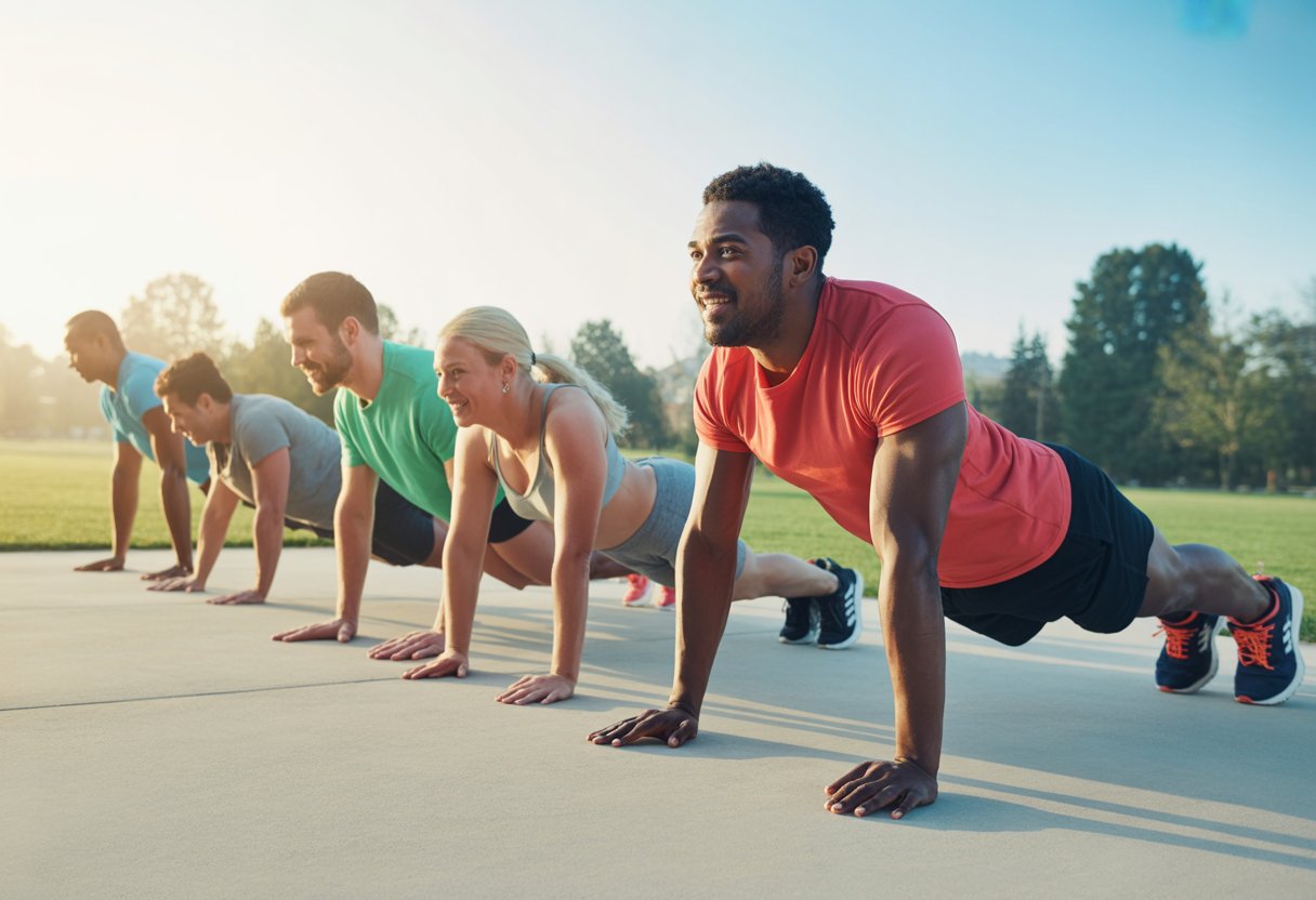 A group of people exercising outdoors in the morning, performing bodyweight exercises like push-ups and lunges in a park.