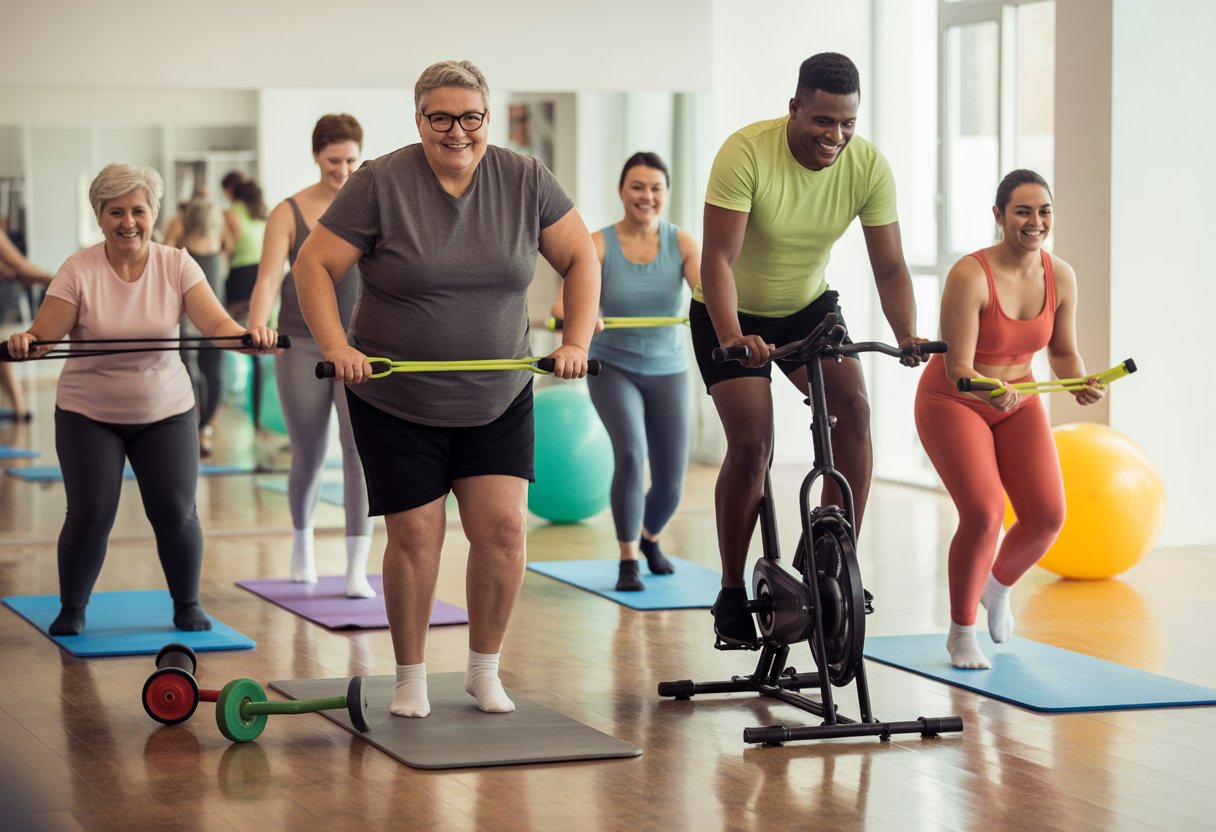 A diverse group of people of different ages and body sizes exercising together in a gym using various adaptive workout equipment.