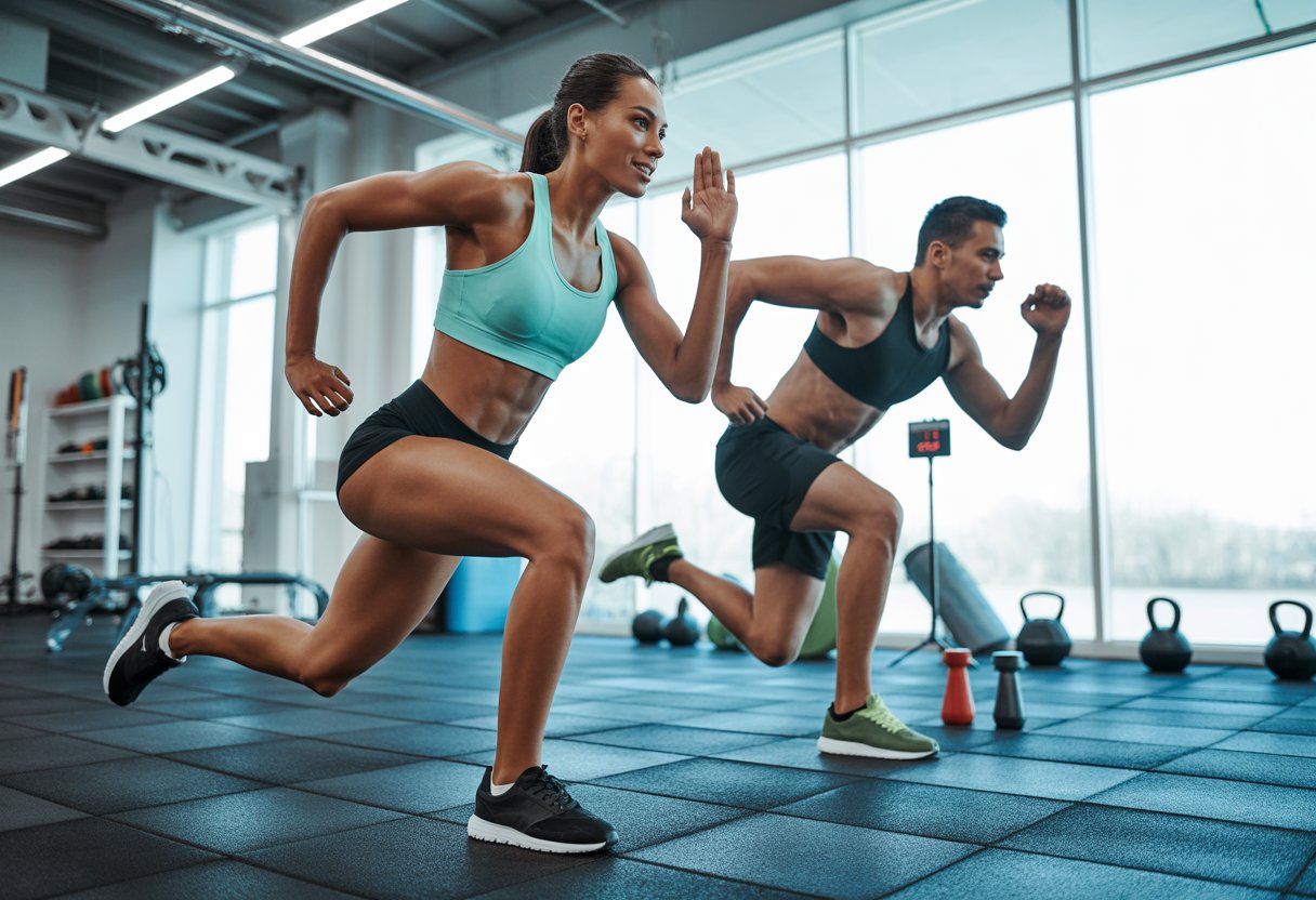 A fit woman and man exercising intensely in a bright gym, performing high-intensity interval training movements.