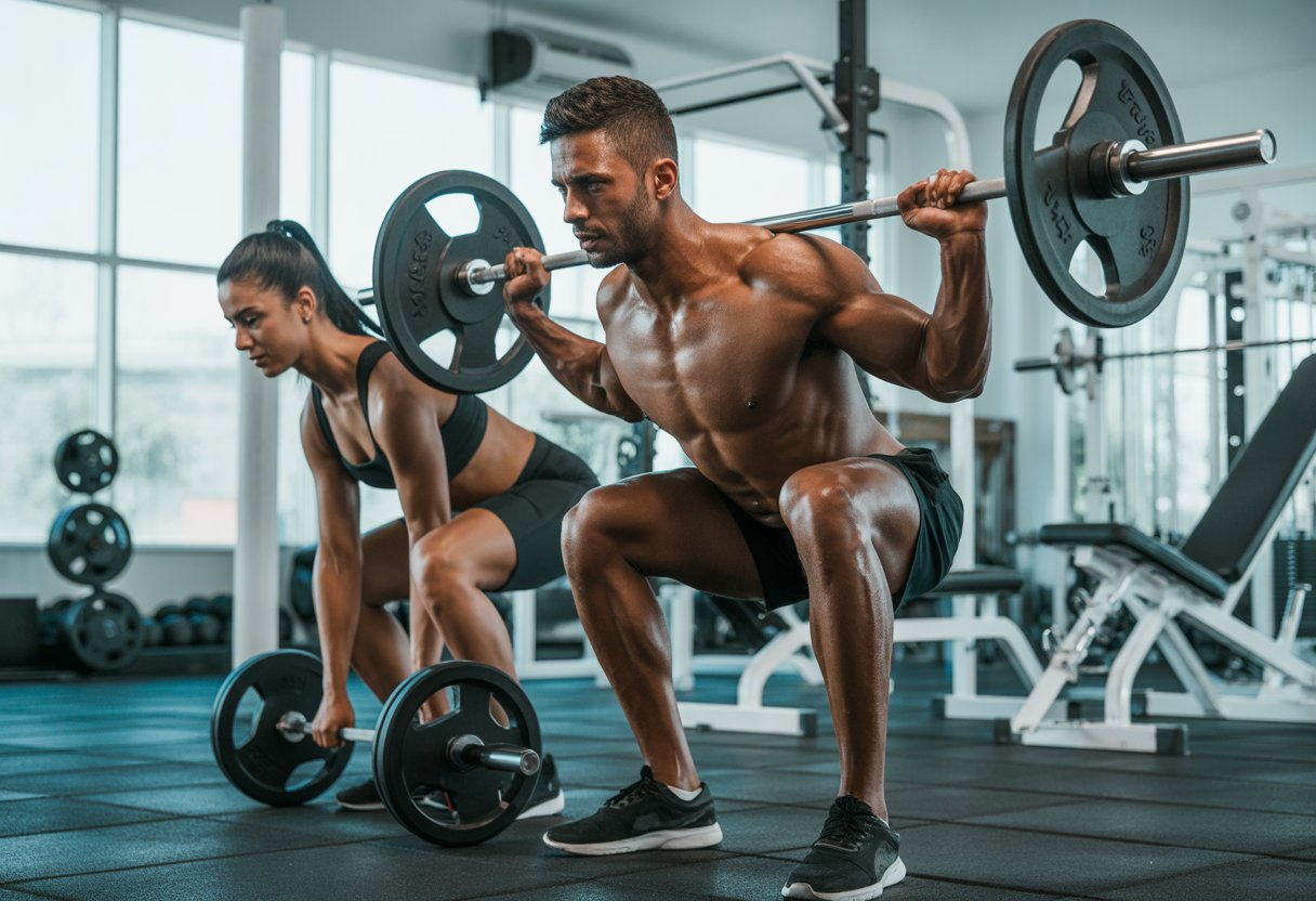 A man performing a barbell squat and a woman doing dumbbell curls in a bright gym.