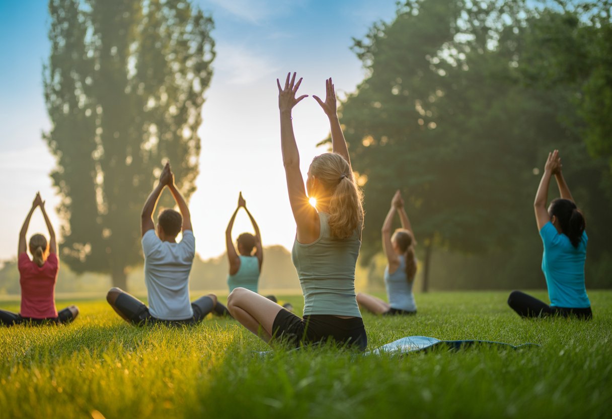 A group of people practicing yoga outdoors in the morning sunlight, with one woman performing a sun salutation pose in a green park.