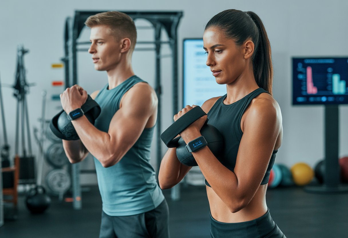 Two athletes exercising with resistance bands and kettlebells in a modern gym with workout plans displayed on a screen.