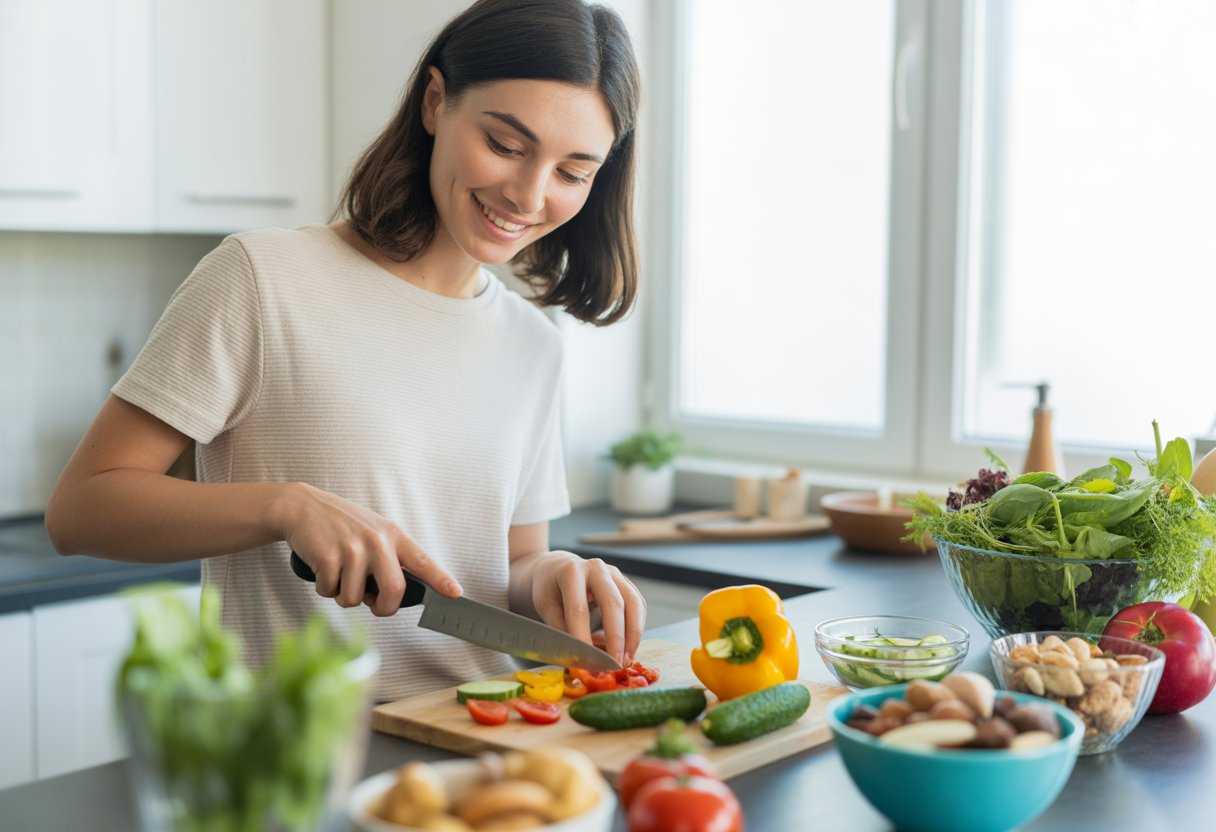 A person chopping fresh vegetables in a bright kitchen with bowls of natural ingredients nearby.
