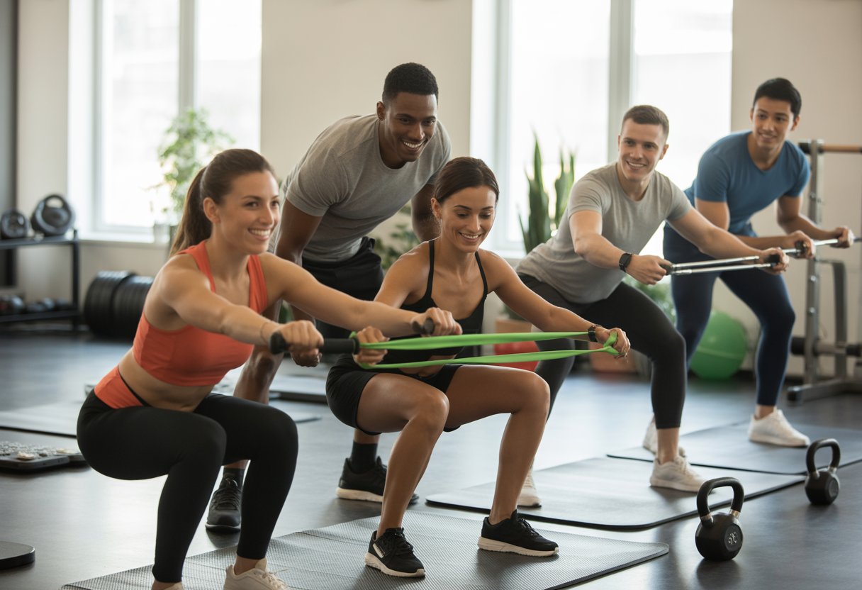 A group of adults exercising in a bright gym with trainers demonstrating workout techniques using resistance bands and weights.