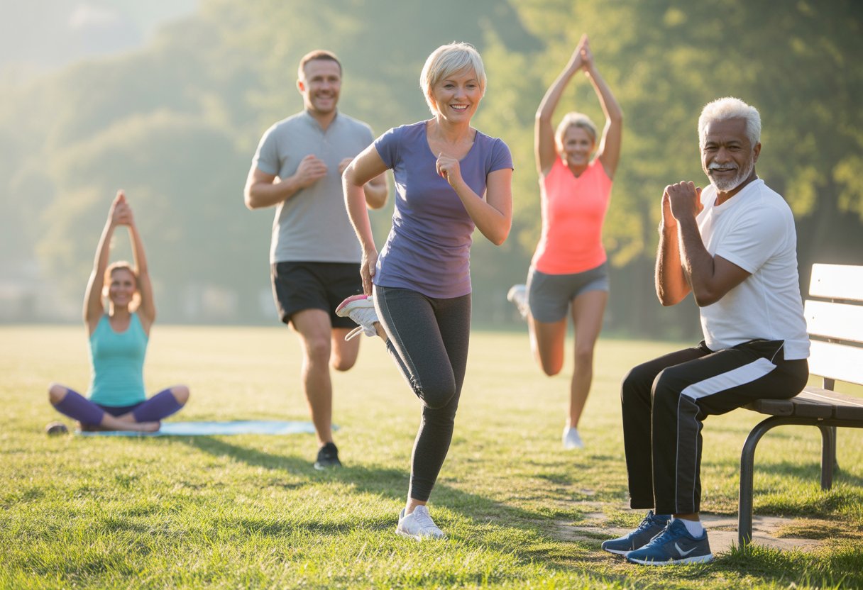A diverse group of people exercising outdoors in a sunny park during the morning, performing different workouts suitable for all fitness levels.