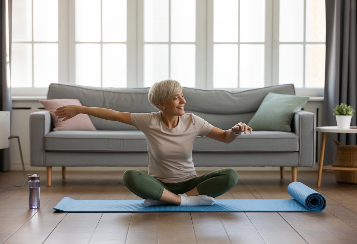 A person doing light stretching exercises near a sofa in a sunlit living room.
