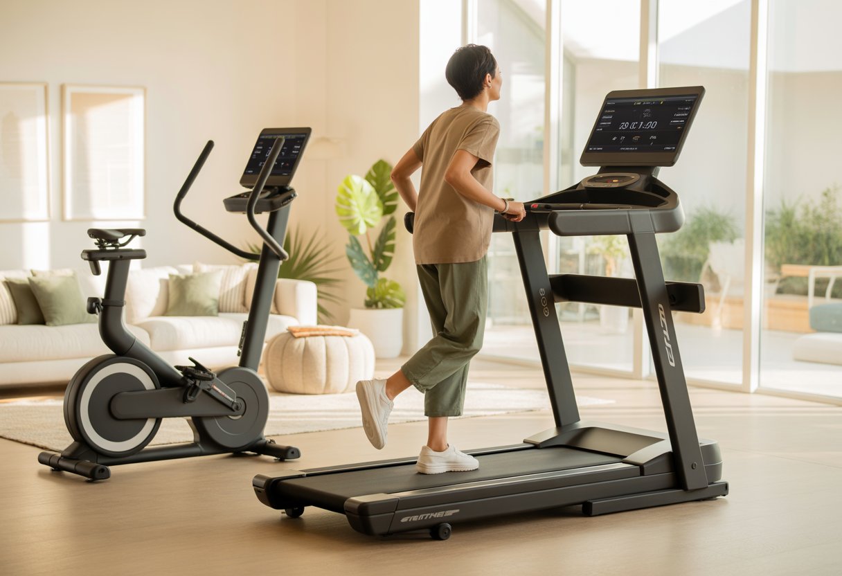 A person casually exercising with automated fitness equipment in a bright, modern home gym.
